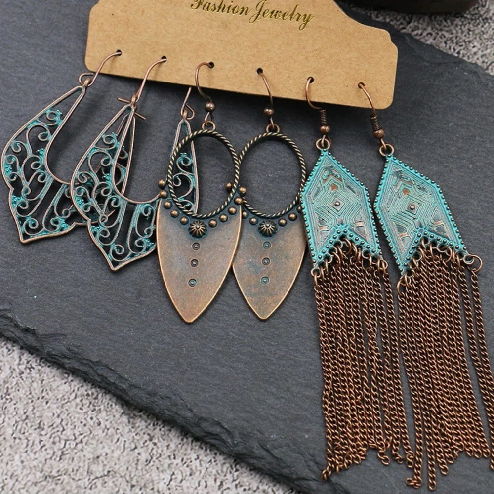 Boho Earrings in colors of Copper and Turquoise Set Trio #2027
